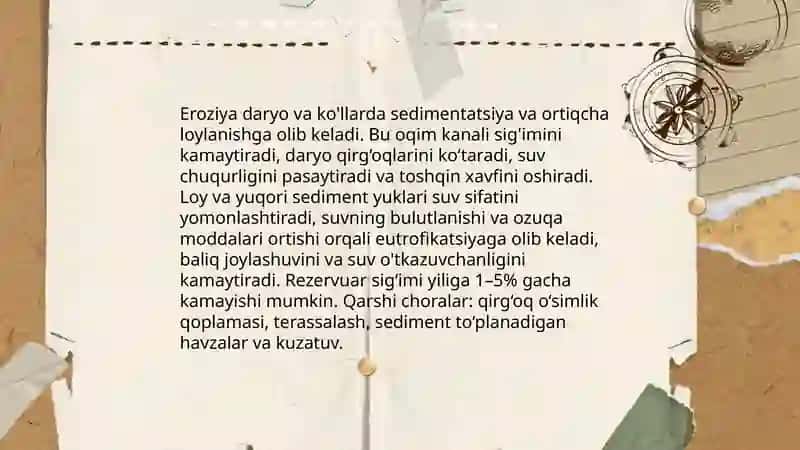 Surilma, sel, eroziya va unng salbiy oqibatlari. O'rta Osiyo ichki suvlari 4