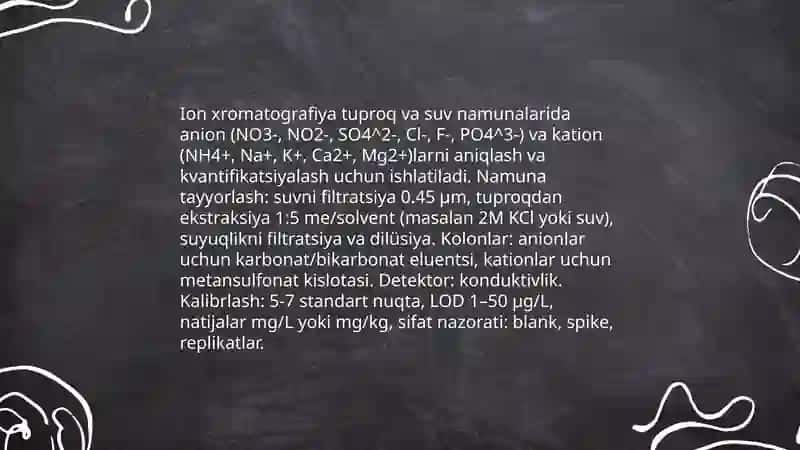 Tuproq va suvdagi ion bogʻlanishli ifloslovchi moddalarni aniqlash 4