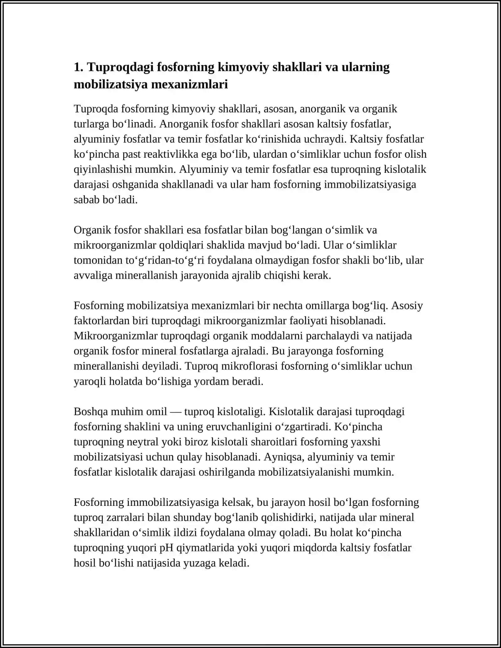 TUPROQ TARKIBIDAGI FOSFORNING SAFARBAR HOLATGA O‘TISHI (MOBILIZATSIYA) VA MUQIMLANISHI (IMMOBILIZATSIYA), KOMPLEKS O‘G‘ITLARNI QO‘LLASH USULLARI, MIKROELEMENTLARNING O‘SIMLIKLAR HAYOTIDAGI AHAMIYATI VA MIKROO‘G‘ITLARNING QO‘LLANILISHI 4