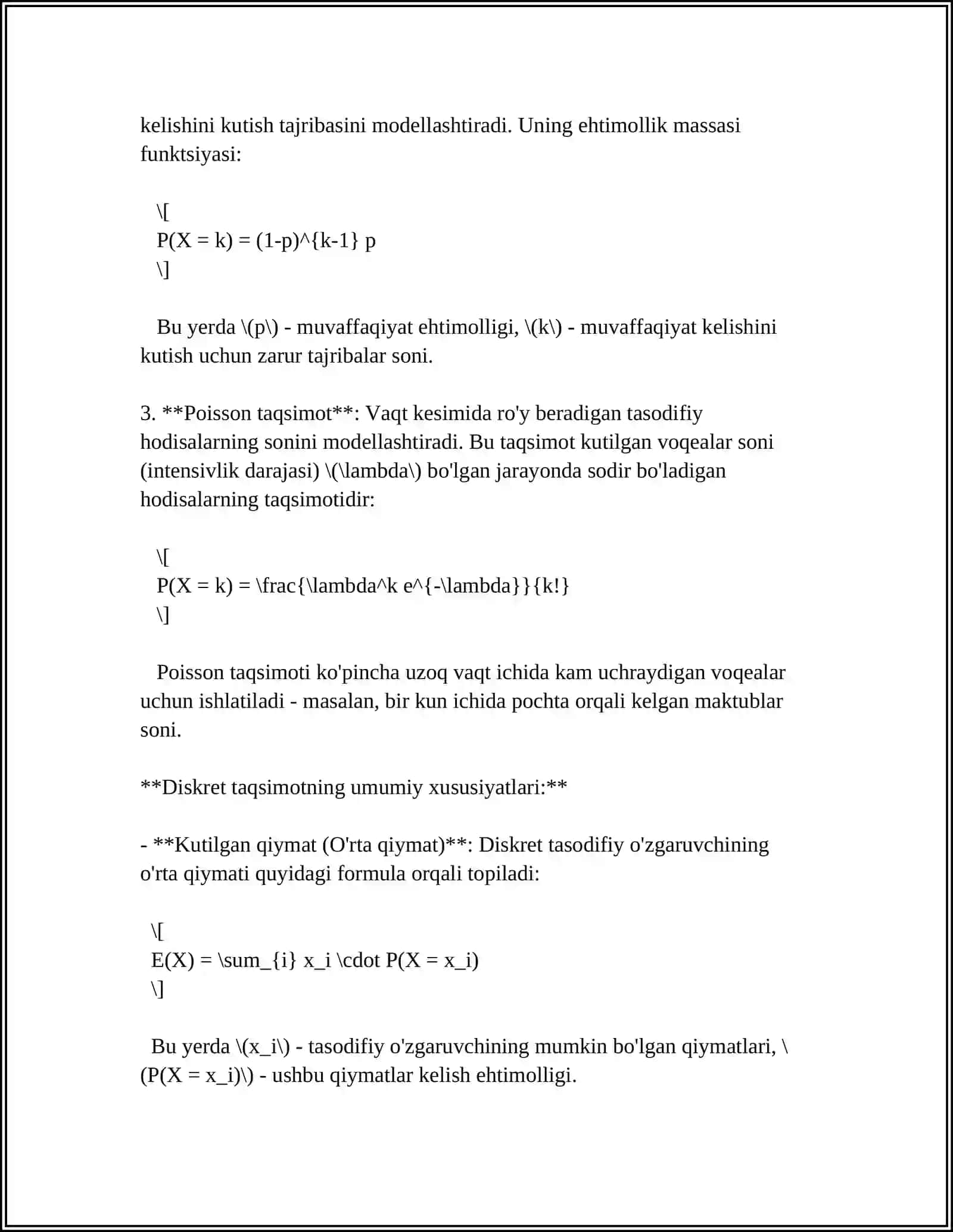 MUSTAQIL ISH Mavzu: DISKRET TASODIFIY MIQDORNING TAQSIMOT QONUNI, TAQSIMOT FUNKSIYASI, SONLI XARAKTERISTIKALARI 4
