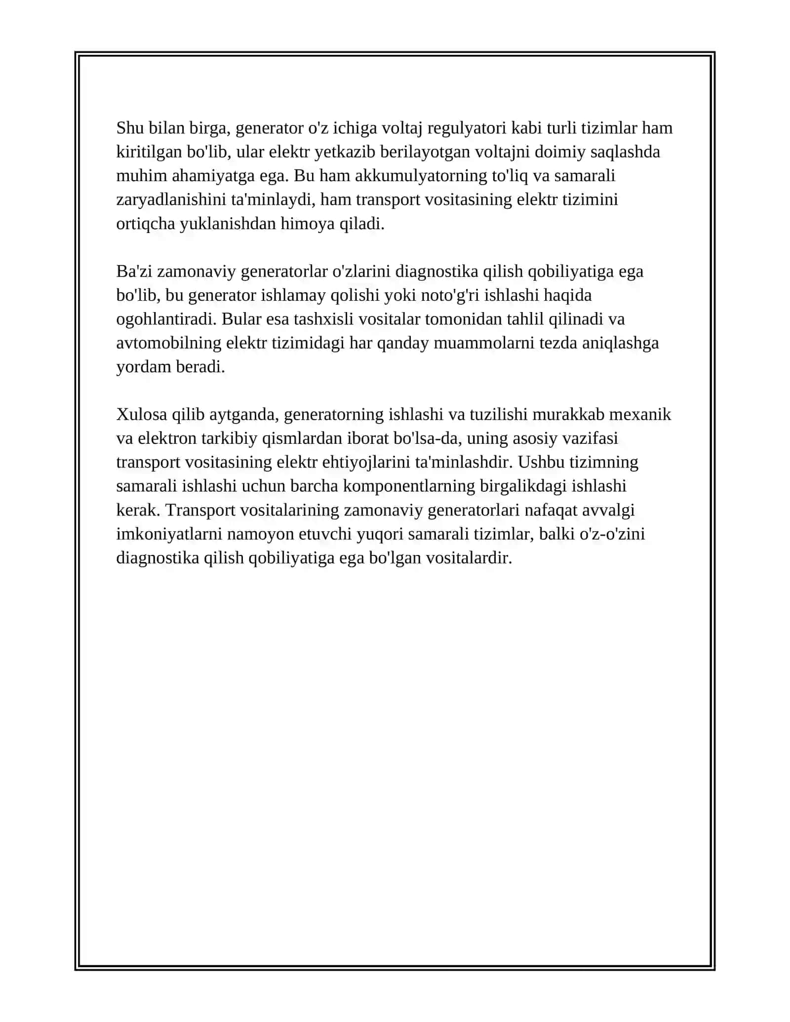 GENERATOR,TOK TOʻGʻRILAGICH, RELESOZLAGICH,STARTER, ELEKTR SIMLARI, OʻLCHOVCHI-NAZORAT YORITISH ASBOBLARI TXK ISHLARI TEXNOLOGIYASI 4