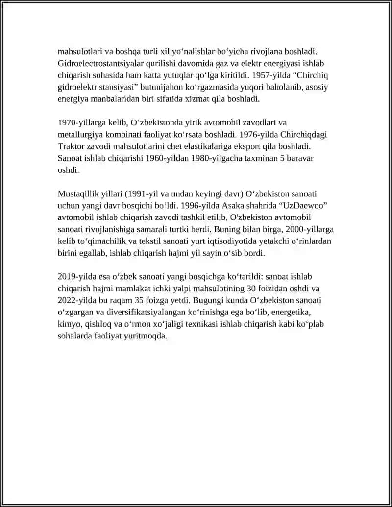 MUSTAQIL ISH Mavzu: OʻZBEKISTONDA SANOATNI RIVOJLANISHI 4