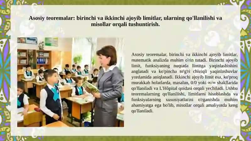 Ketma ketlik va uning limiti. Limitlar haqidagi asosiy teoremalar. Birinchi va ikkinchi ajoyib limitlar. 4