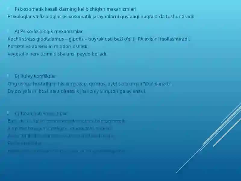 PSIXOSOMATIK KASALLIKLARI BILAN KASALLANGAN BEMORLARNING XULQ –ATVOR BUZILISHLARI. PSIXOSOMATIK KASALLIKLARNING FIZIOLOGIYASI 4