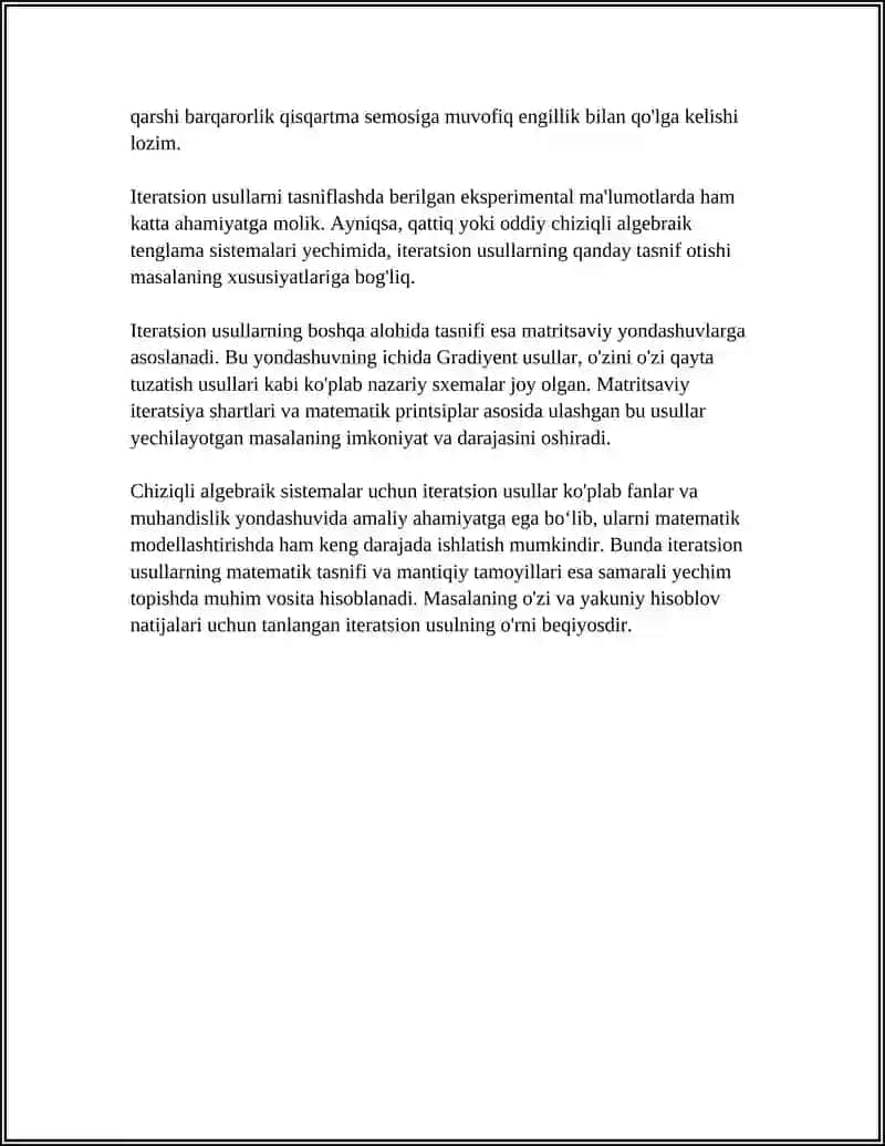 CHIZIQLI ALGEBRAIK TENGLAMALAR SISTEMASINI TAQRIBIY YECHISHNING ITERATSION USULI 4