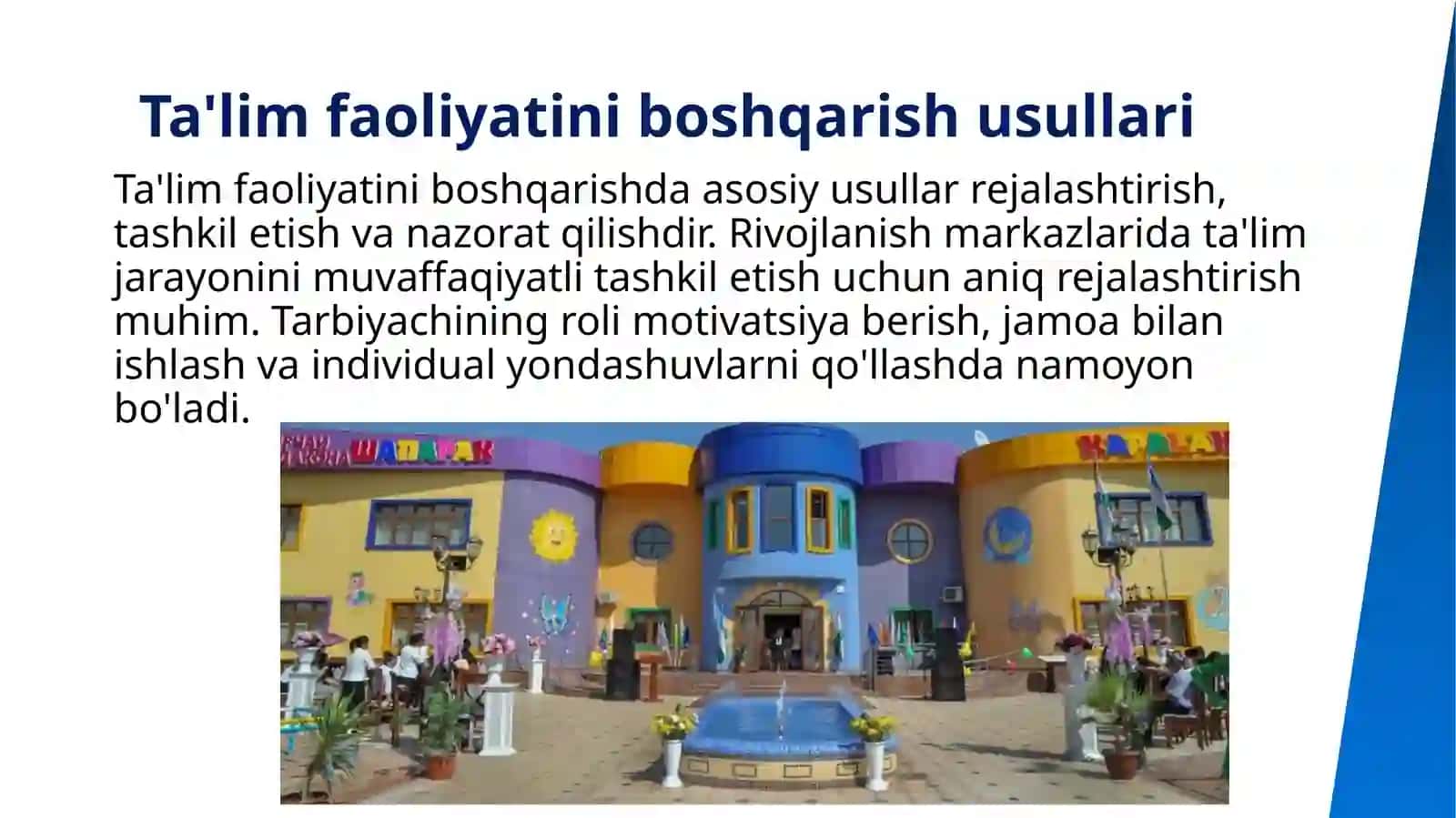 Maktabgacha talim tashkilotada tarbiyachisining rivojlanish markazlarida talimiy faoliyatga rahbarlik qilish metodlari.Maktsbgacha talim tashkilotlarining guruh xonalarida rivojlantiruvchi markazlarni jihozlash tartibi. 4
