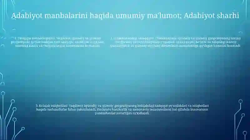 Ijtimoiy Va Iqtisodiy Geografiyaning Tadqiqot Usullarini Tahlil Qilish Va OʻZbekistonda Iqtisodiy Va Ijtimoiy Geografiyaning Rivojlanish Xususiyatlarni OʻRganish Mavzusida Tayyorlagan Taqdimoti 4