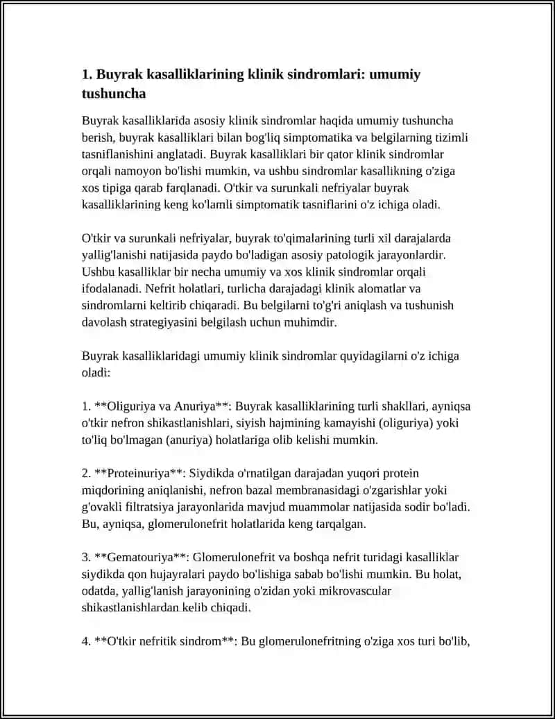 Mavzu: BUYRAK KASALLIKLARIDA ASOSIY KLINIK SINDROMLAR. NEFRITLAR SIMPTOMATOLOGIYASI. (O‘TKIR VA SURUNKALI) 4