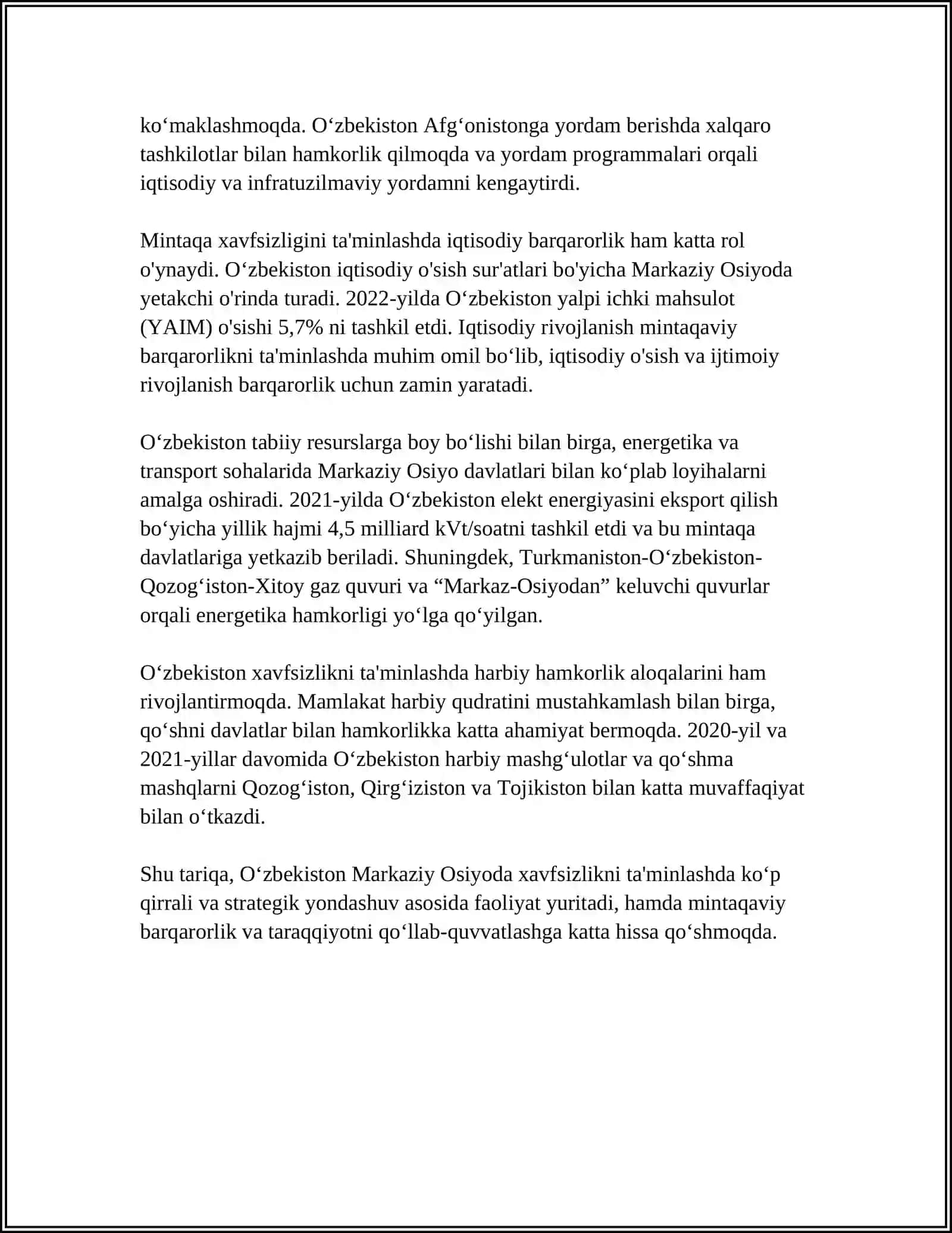O'ZBEKISTONNING MARKAZIY OSIYODA TINCHLIK VA BARQARORLIKNI TA'MINLASHDAGI O'RNI 4