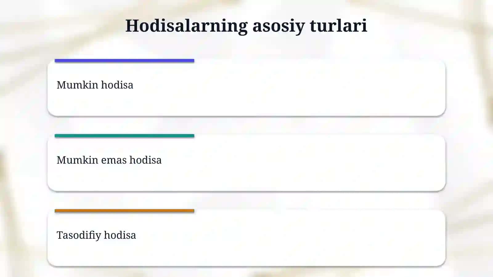 Tasodifiy hodisalar va ularning turlari 5 ta  hodisani  yozing va ularni mumkin, Munkun emas  tasodifiy  hodisaga ajrating 4