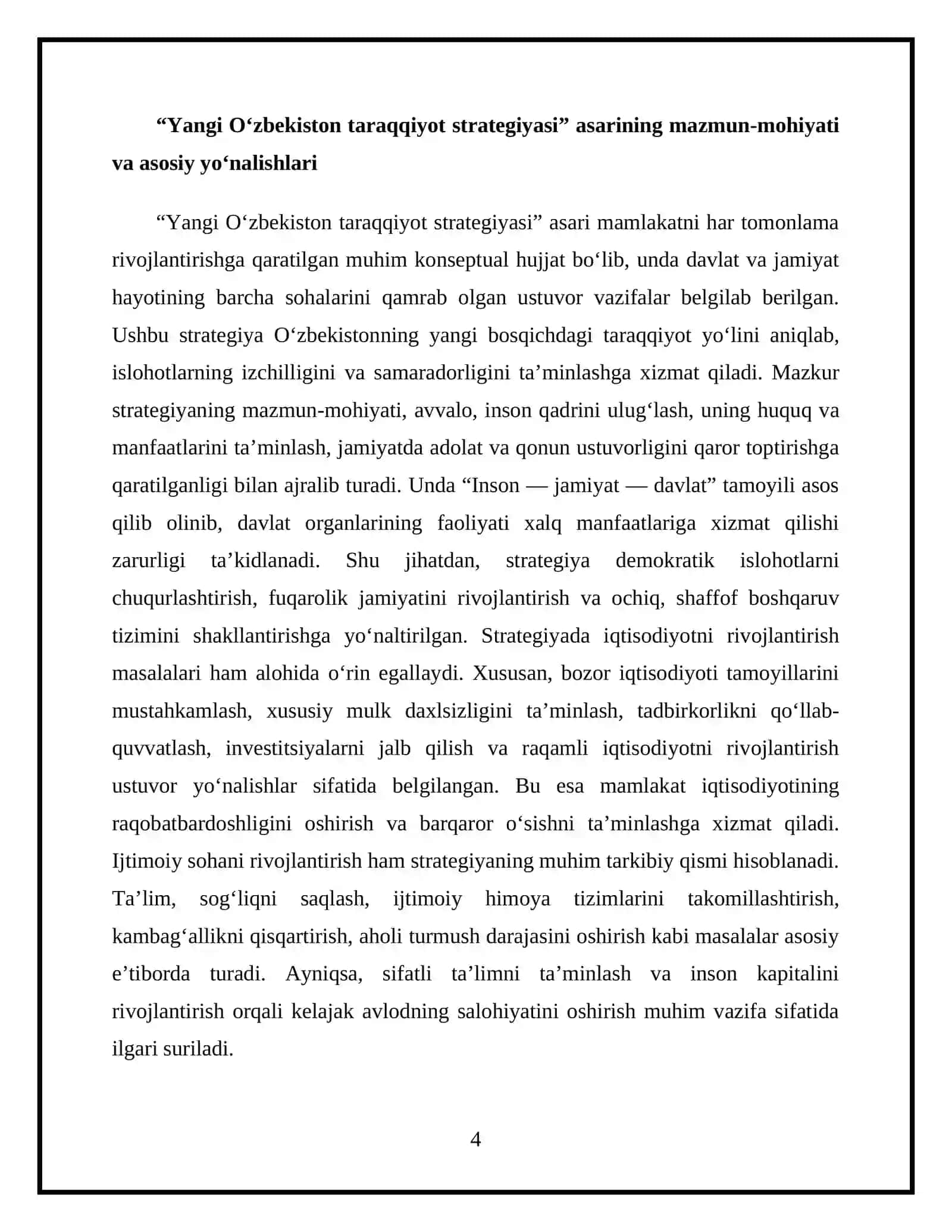 O‘zbekiston respublikasi Prezidenti Sh.M.Mirziyoyevning “Yangi O‘zbekiston taraqqiyot strategiyasi” kitobida rivojlanish modeli va Uchinchi renessans tushunchalari 4