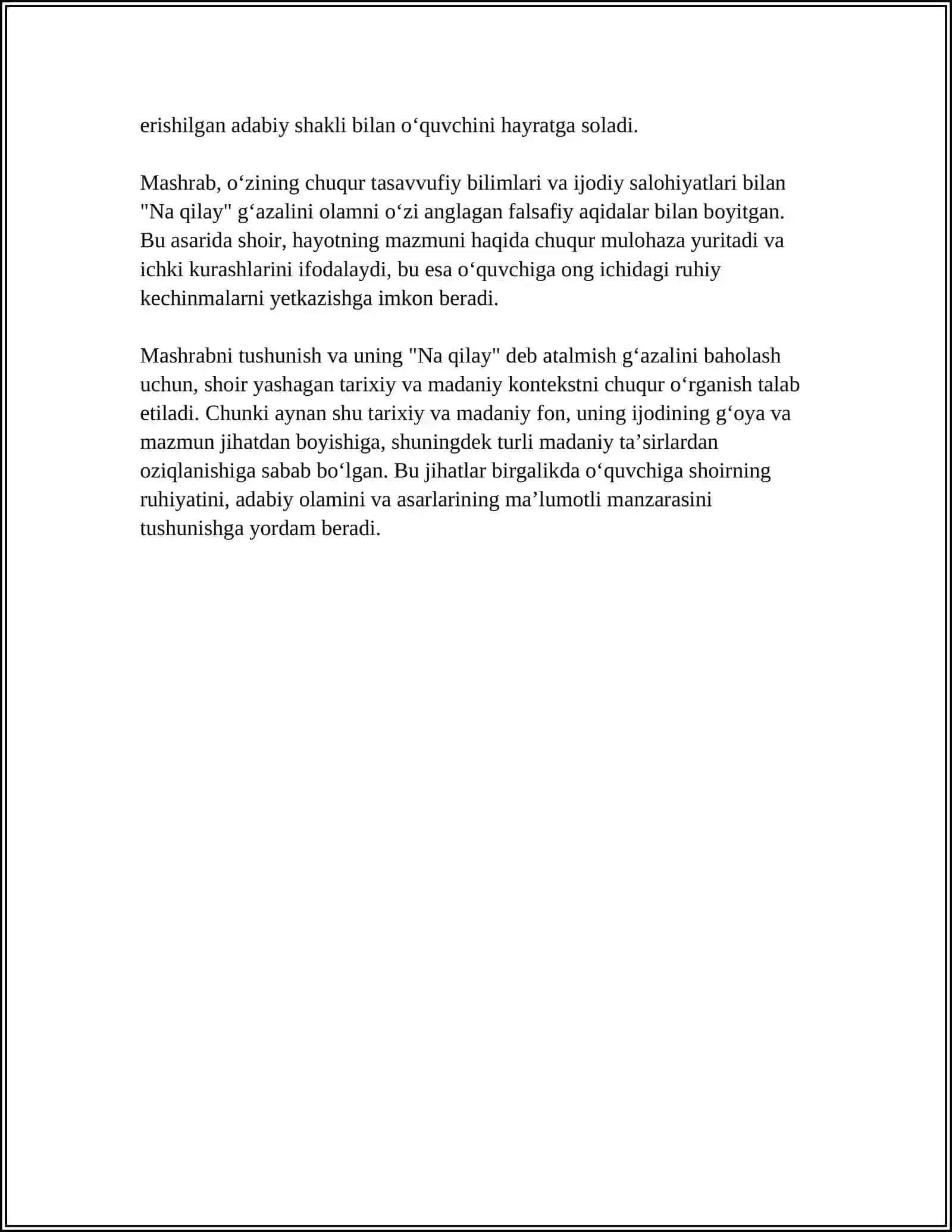 MASHRABNING "NA QILAY" GʻAZALI TAHLILI 4
