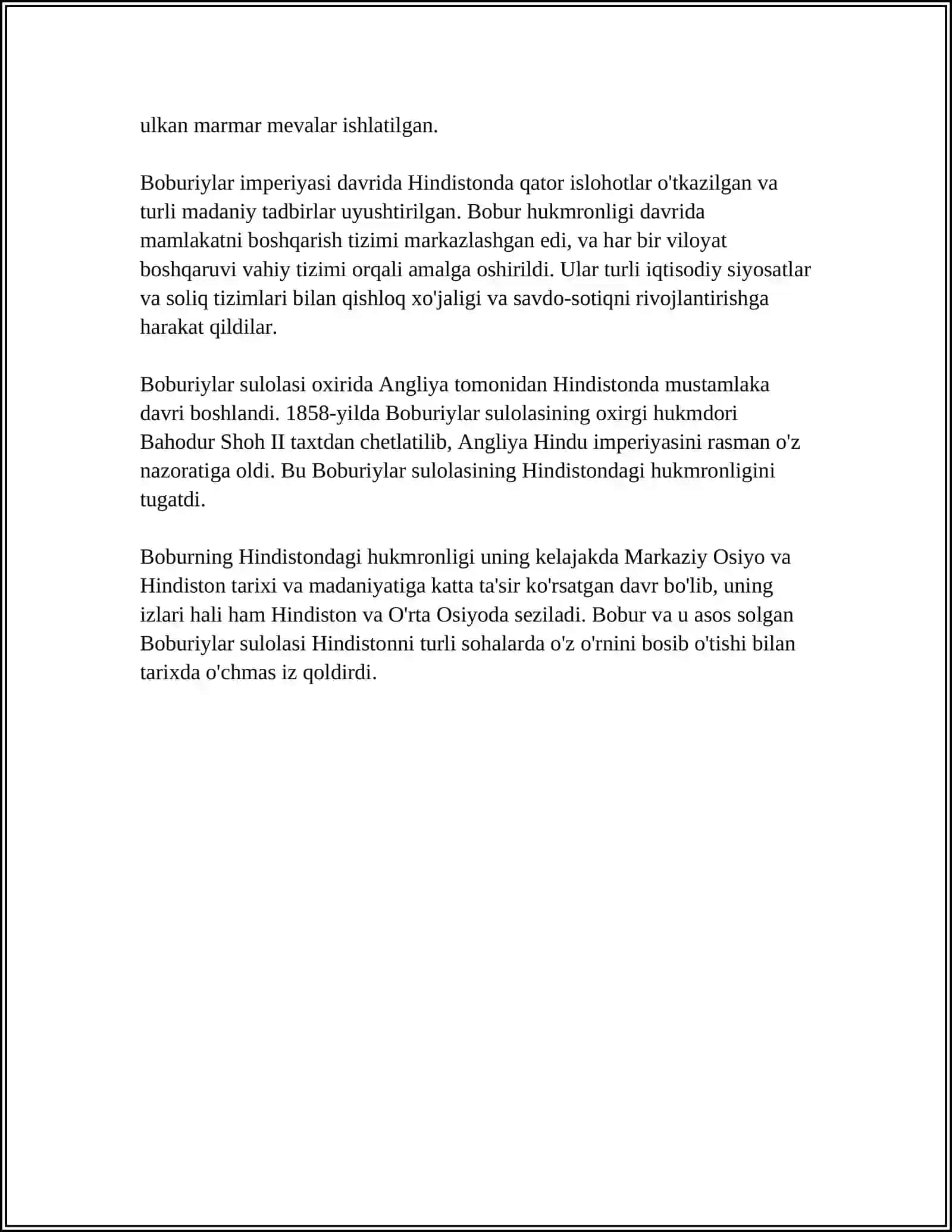 BABUR VA UNING MEROSXORLARI OLIB BORGAN IJTIMOIY-IQTISODIY ISLOHATLAR MA'NOSI 4