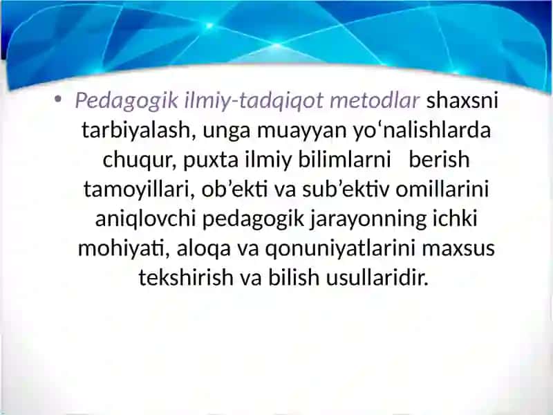 Pedagogikaning ilmiy tadqiqot metodlari. Ilmiy pedagogik izlanishlari jarayonining bosqichlari  Ilmiy pedagogik tadqiqot usullarining  ilmiy manbalarni o‘rganishdagi o‘rni Kasbiy pedagogikada qo‘llaniladigan ilmiy tadqiqot usullari va ularning mazmuni  Kasbiy pedagogikada qo‘llaniladigan ilmiy tadqiqot usullari va ularning mazmuni 4