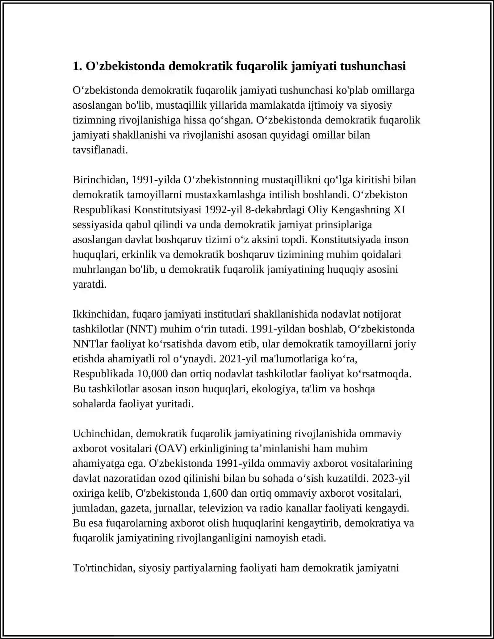 OʻZBEKISTONDA DEMOKRATIK FUQAROLIK JAMIYATI ASOSLARINING SHAKLLANTIRILISHI AMALGA OSHIRILGAN SIYOSIY ISLOHOTLAR 4