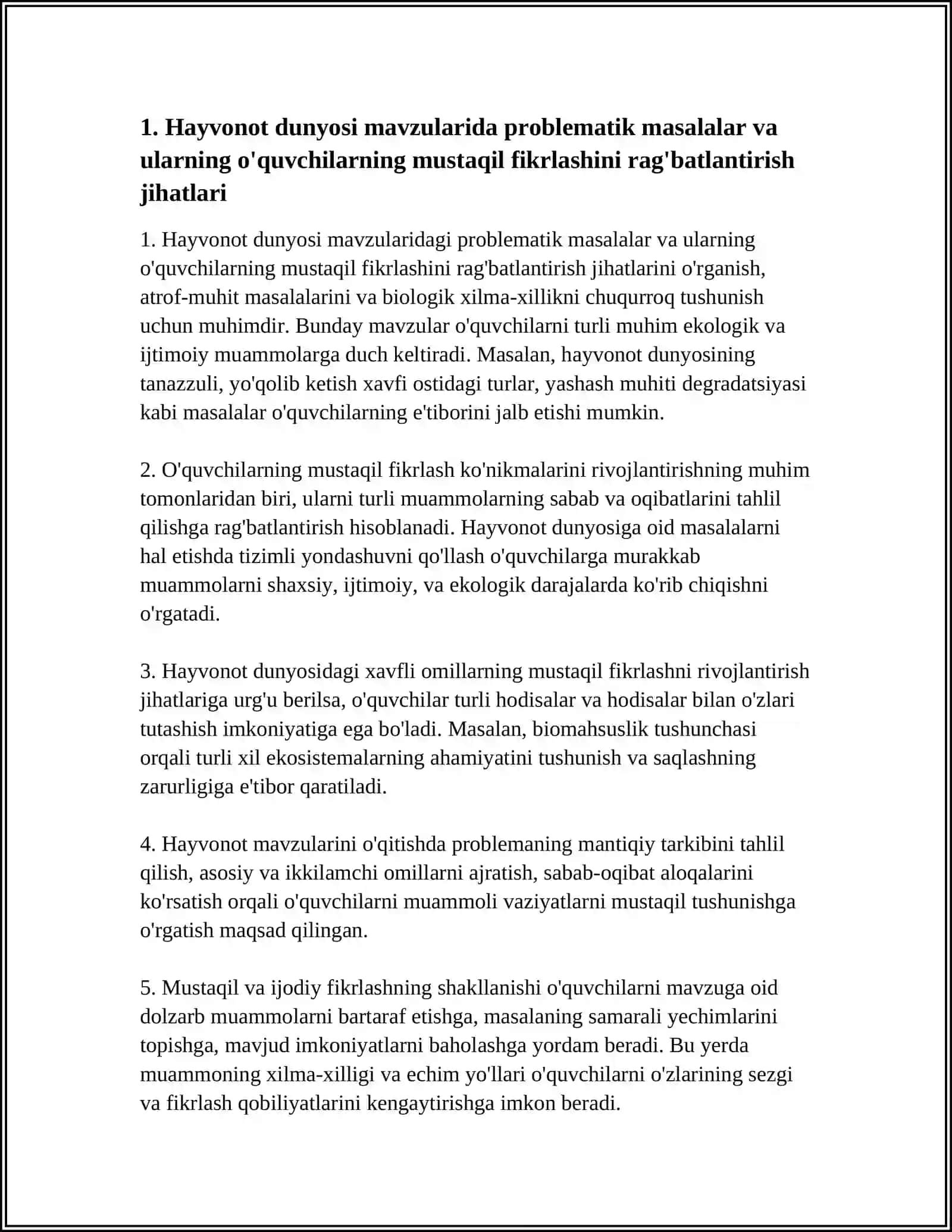 HAYVONOT DUNYOSIGA OID MAVZULARNI O'QITISHDA FOYDALANILADIGAN MASALA VA MASHQLARNING O'ZIGA XOS JIHATLARI O'QUVCHILARNING MUSTAQIL VA IJODIY FIKRLASH KO'NIKMALARINI RIVOJLANTIRISH YO'LLARI 4