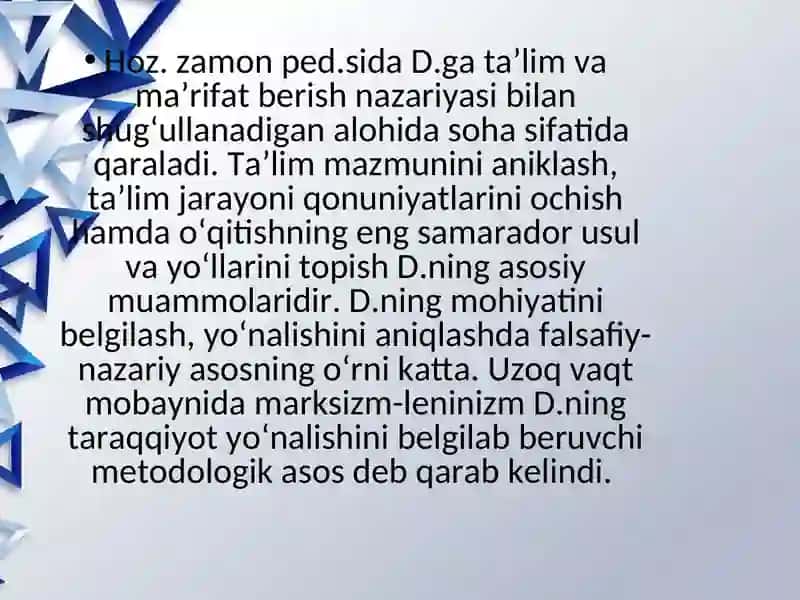 Didaktika –ta’lim nazariyasi sifatida. O’qitish tamoyillari metodlari va uni tashkil etish shakllari 4