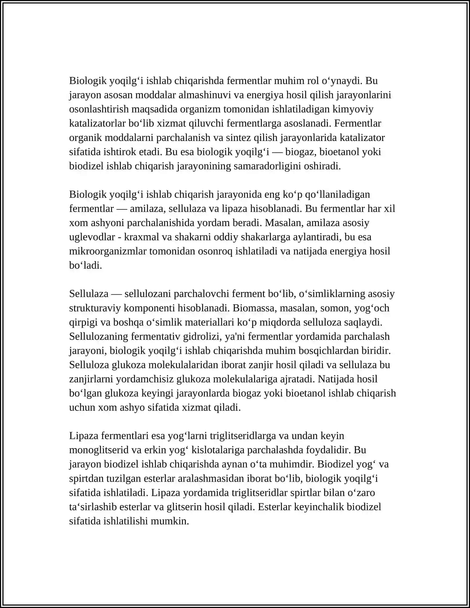 SUV OʻTLARIDAN BIOYOQILGʻI OLISHDA FERMENTLARNI AHAMIYATI 4