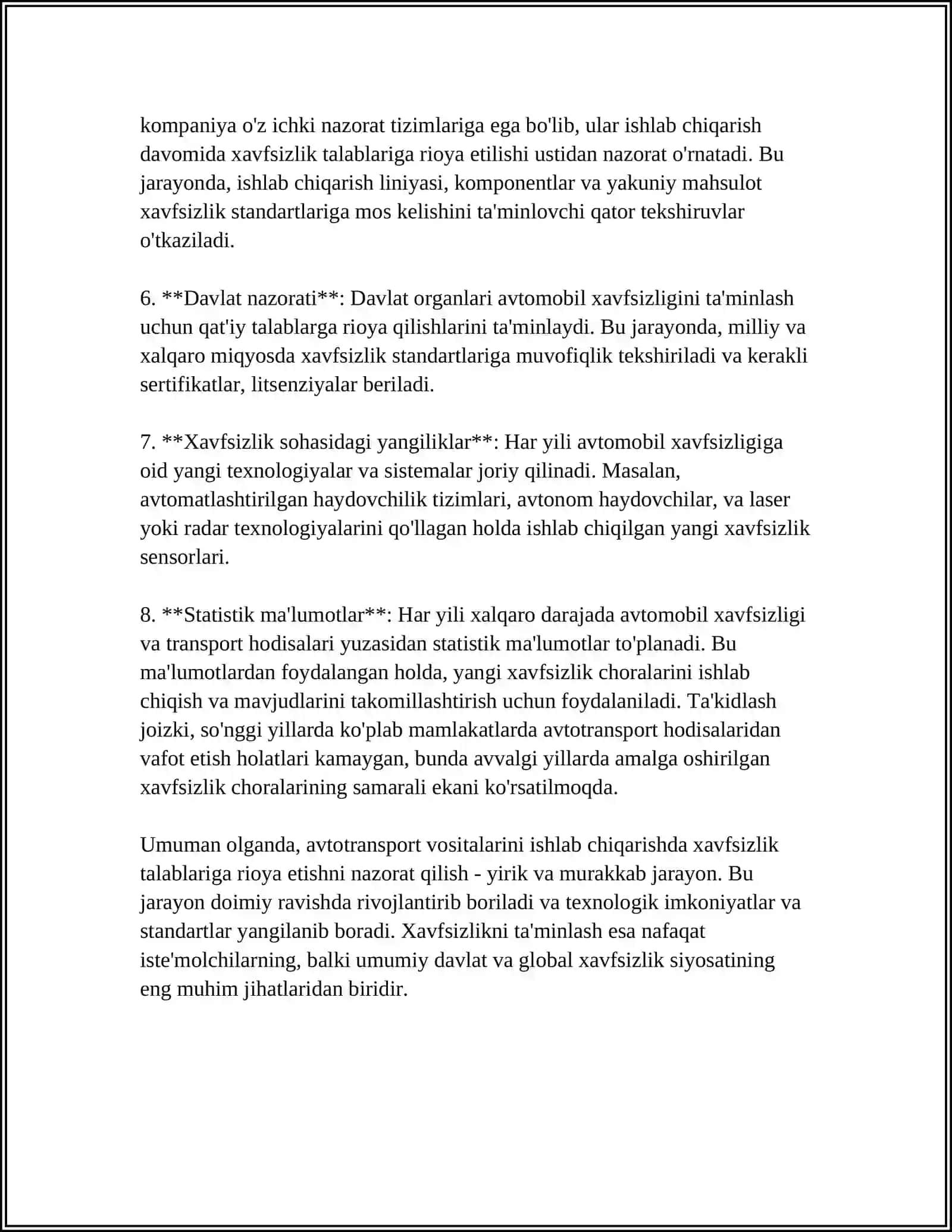 AVTOTRANSPORT VOSITALARINI ISHLAB CHIQARISH SOTISH CHETGA OLIB KIRISH VA EKSPULATATSIYA QILISHDA ULARNING KONSTRUKTIV XAVSIZLIGIGA QUYILADIGAN TALABLARGA RIOYA ETILISHI NAZORAT QILISH SUBEKTLARI, TARTIBI VA USLUBLARI O'RNATILGAN TALABLAR BUZILISHI UCHUN JAVOBGARLIKKA TORTISHNING HUQUQIY FAOLIYATI 4