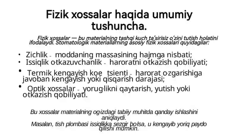 Stomatologik materiallarning zikmexanik xossalari. Tishning zichligini aniqlash. Suni’iy tishlarni tayyorlashda ishlatiladigan materiallarning mexanik xossalari 4