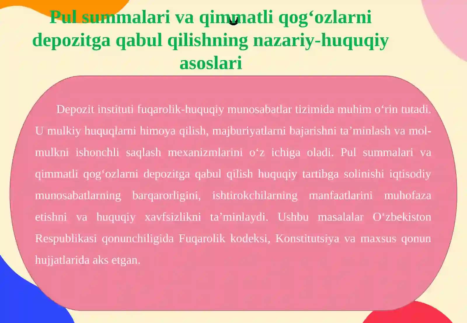 Pul summalari va qimmatli qogʻozlarni depozitga qabul qilish 4
