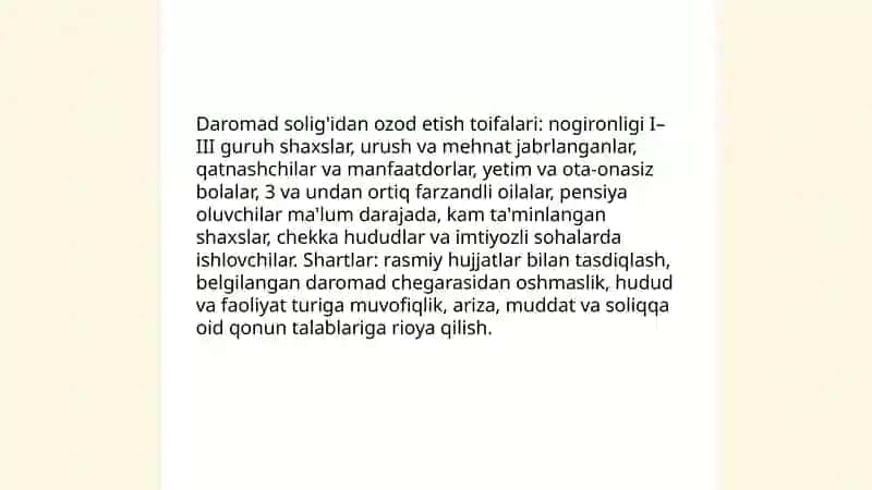 Jismoniy shaxardan olinadigan daromad solig'i boyicha taqdim etiladigan solig' imtiyozlari 4