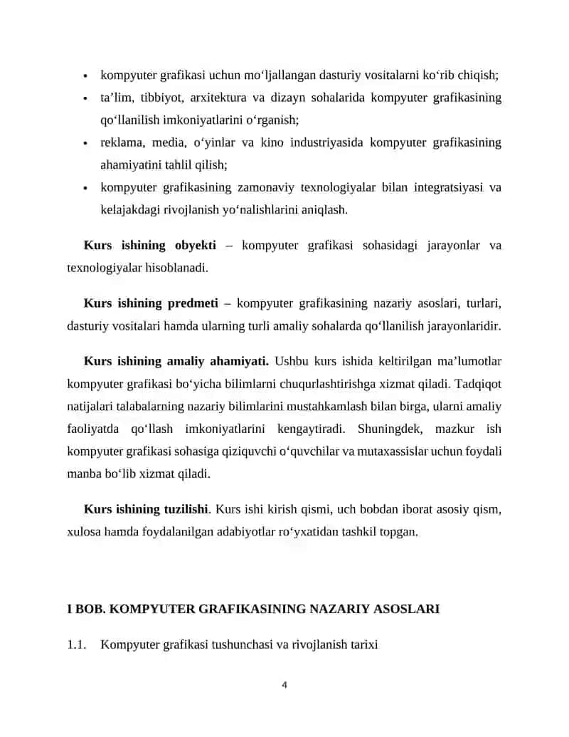 KOMPYUTER GRAFIKASINING ROLI VA UNING AMALIY SOHALARDA QO‘LLANILISHI KURS ISHI 4