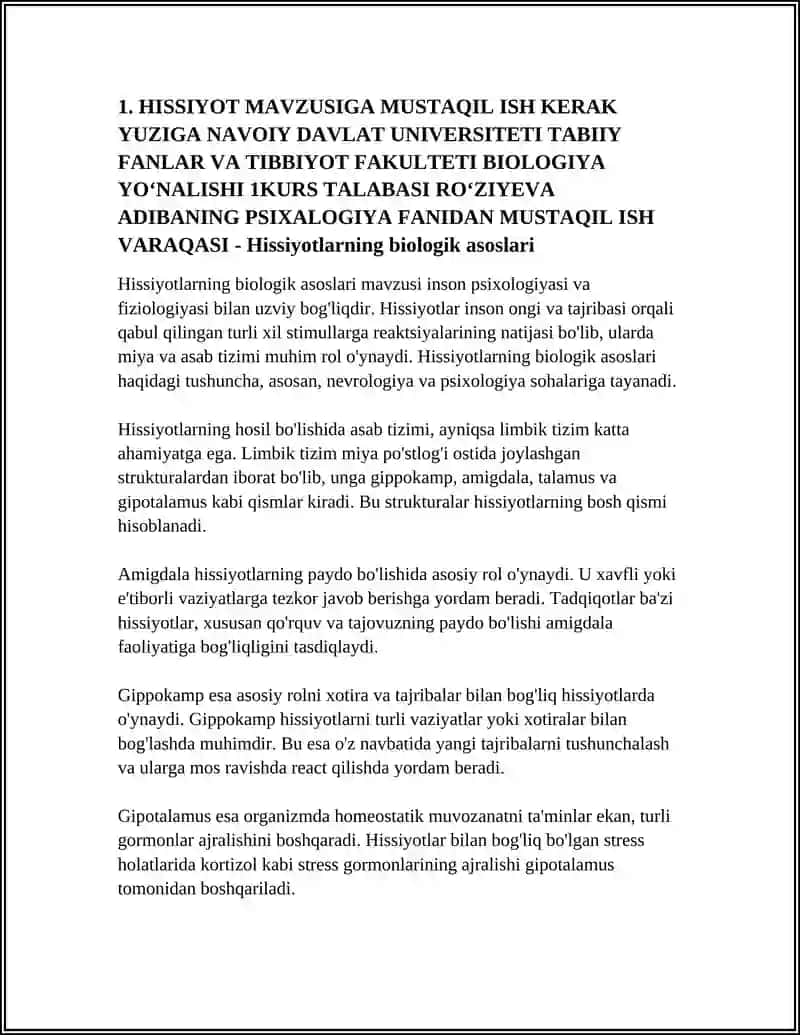 HISSIYOT MAVZUSIGA MUSTAQIL ISH KERAK YUZIGA NAVOIY DAVLAT UNIVERSITETI TABIIY FANLAR VA TIBBIYOT FAKULTETI BIOLOGIYA YOʻNALISHI 1KURS TALABASI ROʻZIYEVA ADIBANING PSIXALOGIYA FANIDAN MUSTAQIL ISH VARAQASI 4