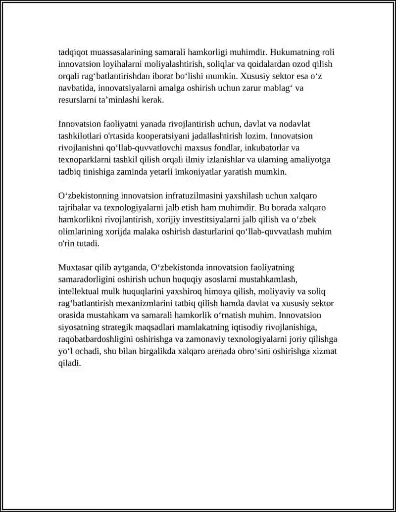 O‘zbekiston Respublikasida Innovatsion Faoliyatning Muammolari va Ularni Yechish Mexanizmlari 4