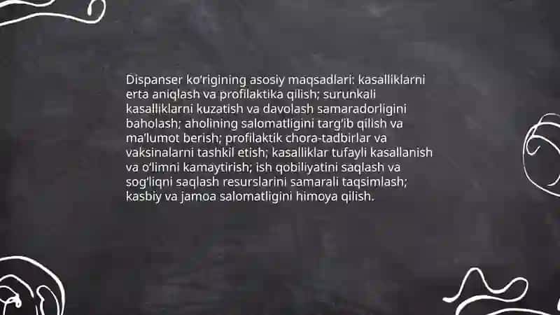 Dispanser koʻrigi haqida tushuncha uning maqsad va vazifalari 4