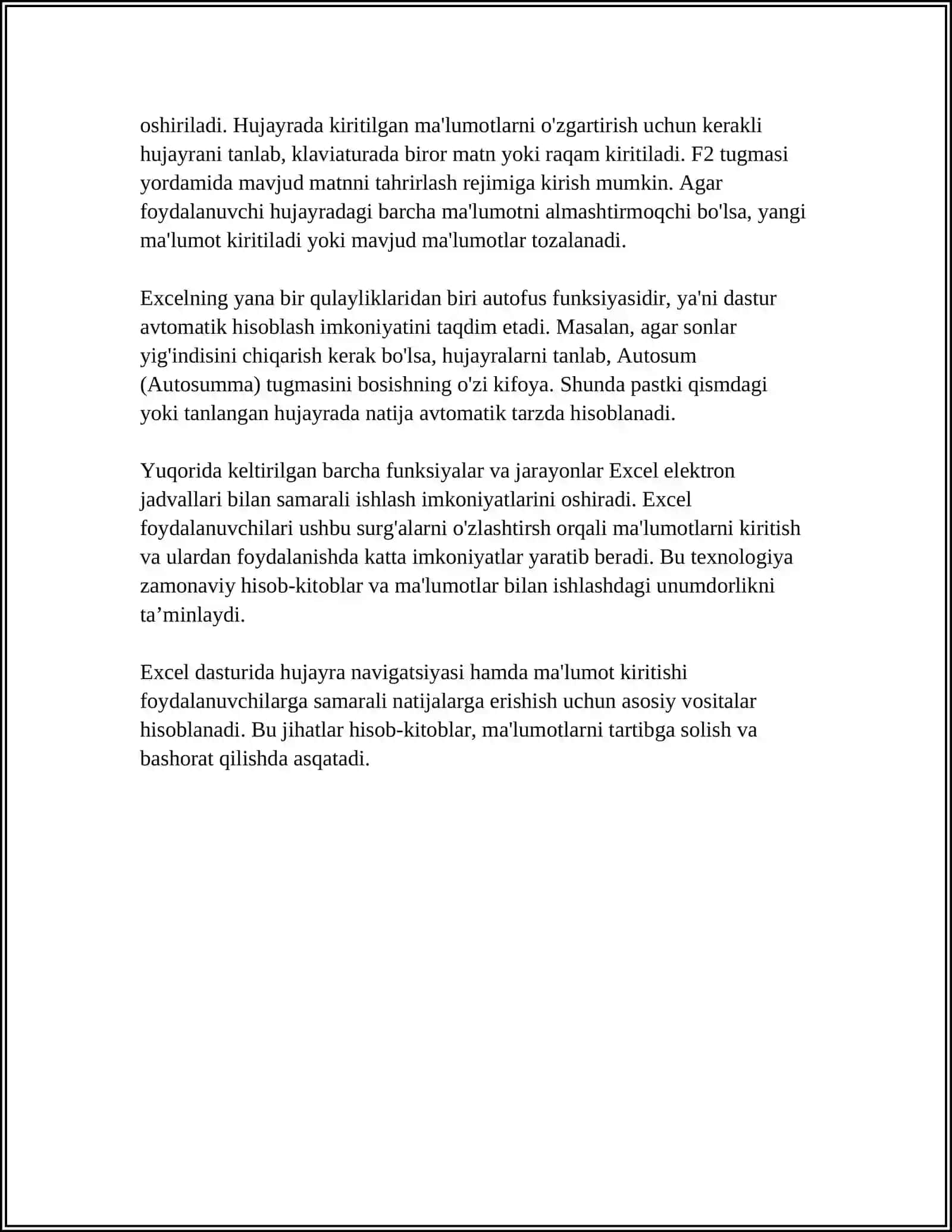 EXCEL ELEKTRON JADVALLAR BILAN ISHLASHI MALUMOTLARNI KIRITISH VA TAHRIRLASH.EXCEL DASTURIDA AVTOTO’LDIRISHLAR VA AVTOHISOBLASHLAR 4