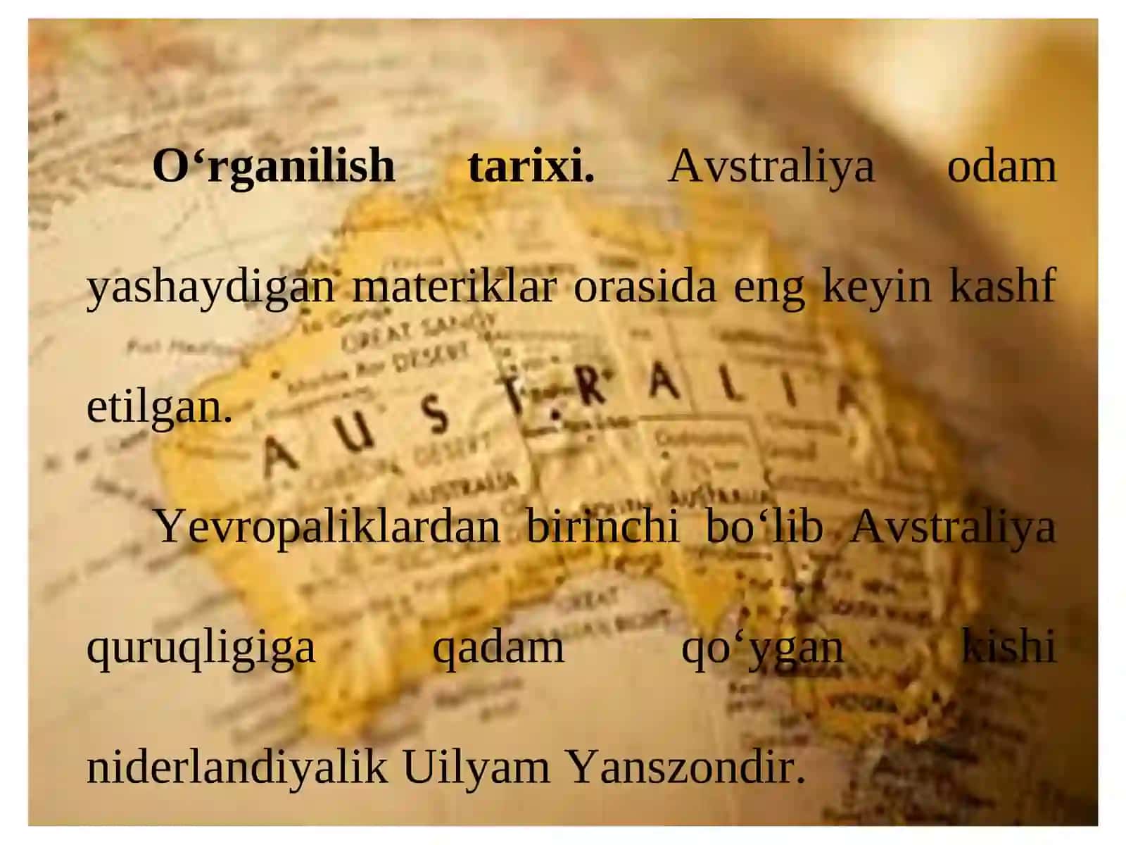 Avstraliyaning geografik o‘rni, o‘rganilish tarixi, geologik tuzilishi, foydali qazilmalari. Relyefi 4