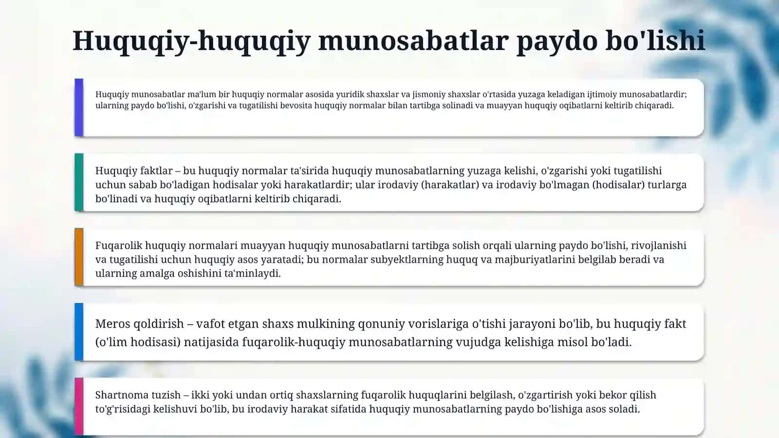 Fuqarolik tashkiliy huquqiy - munosabatlar mavjudligi. 4