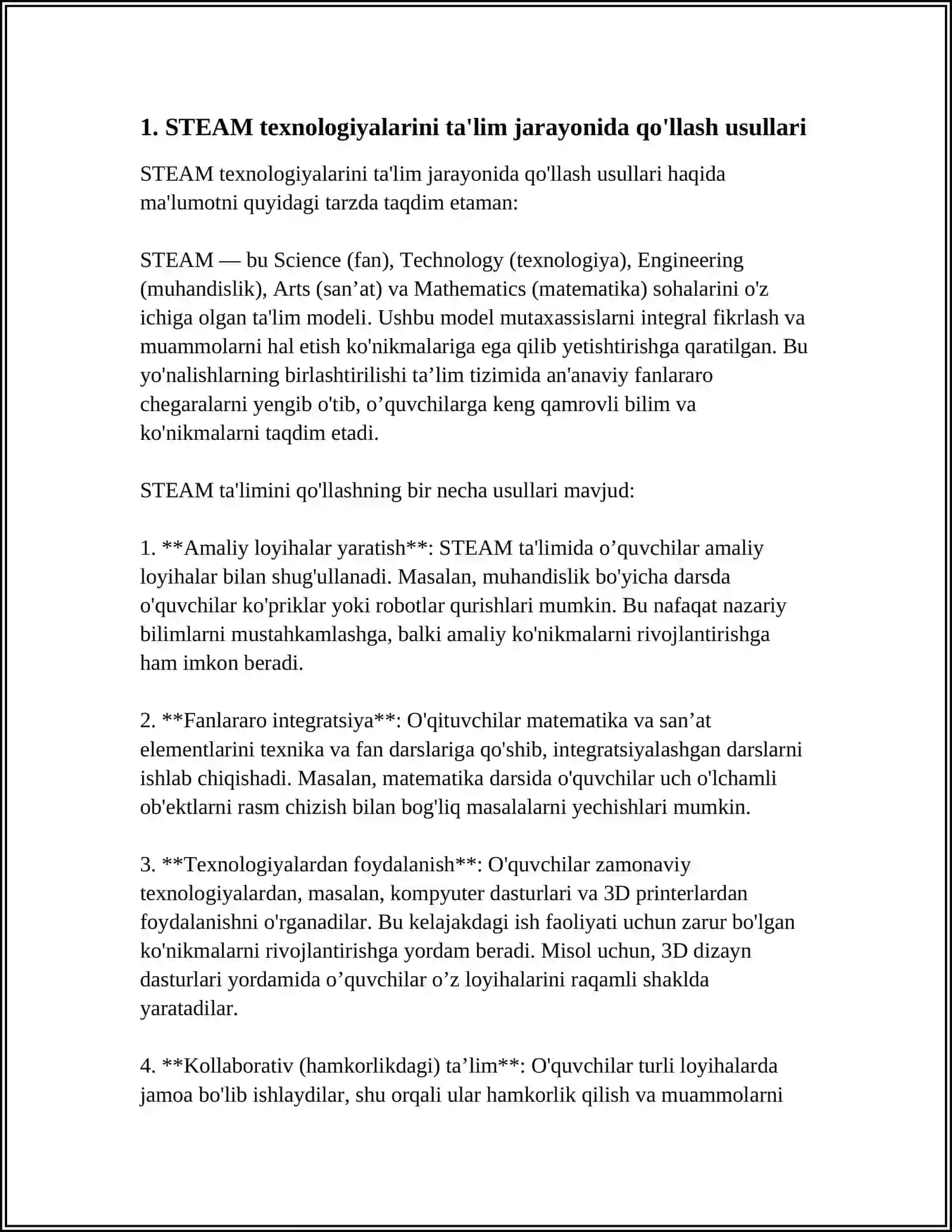STEAM TEXNOLOGIYALARINI QOʻLLASHDA OʻQITUVCHILARNING KREATIVLIGI DARSLARDA ULARDAN FOYDALANISH METODIKASI 4