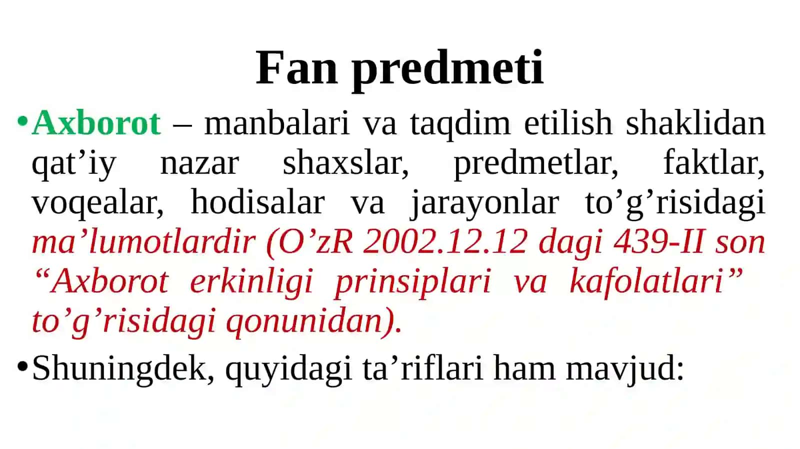 Axborot texnologiyalari tushunchasi, turlari, xossalari, uzatilishi 4