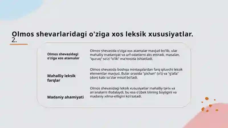 Namangan viloyati Chust tumani Olmos qishlogʻi shevalari tasnifi 4