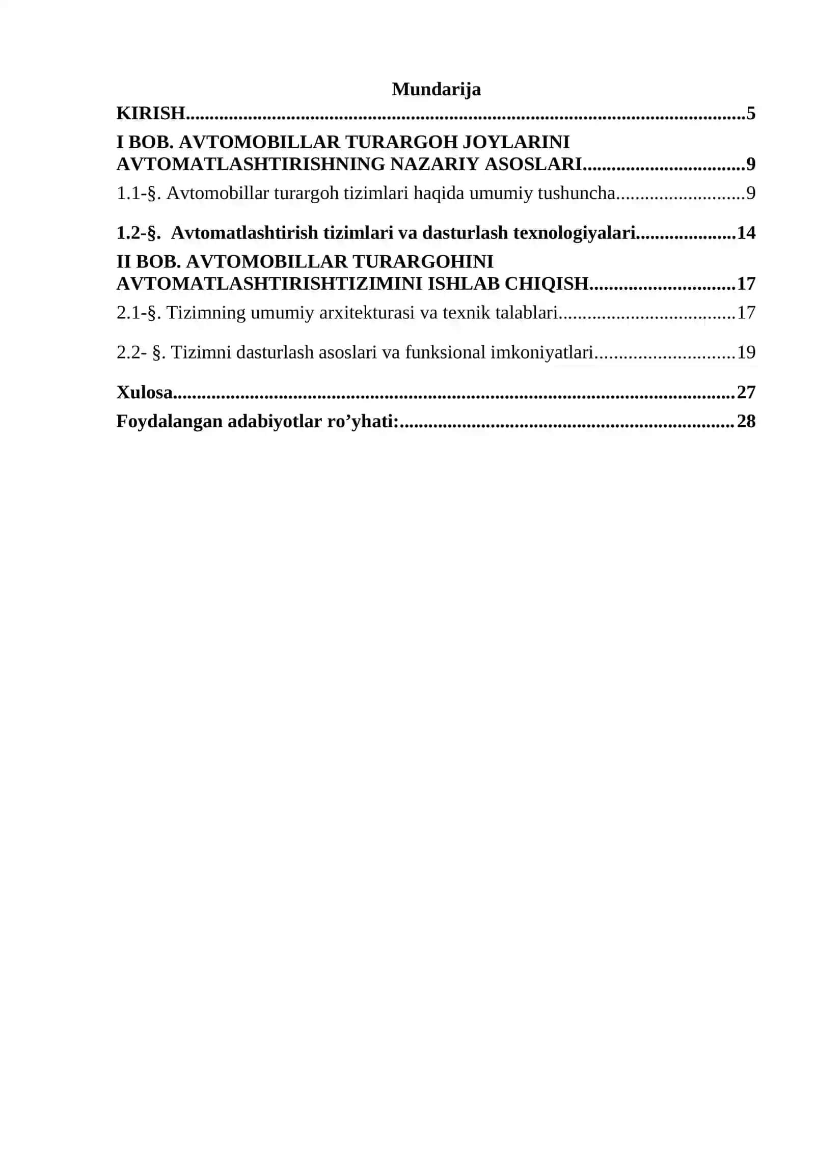 Avtomabillar turargoh joylarini avtomatlashtirish tizimini ishlab chiqish 4