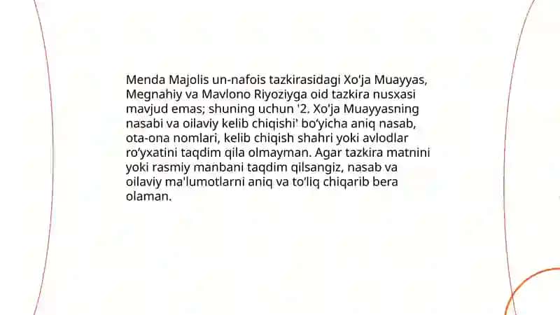 Majolis un-nafois tazkirasidagi Xo'ja Muayyas, Megnahiy, Mavlono Riyoziy haqida malumot 4