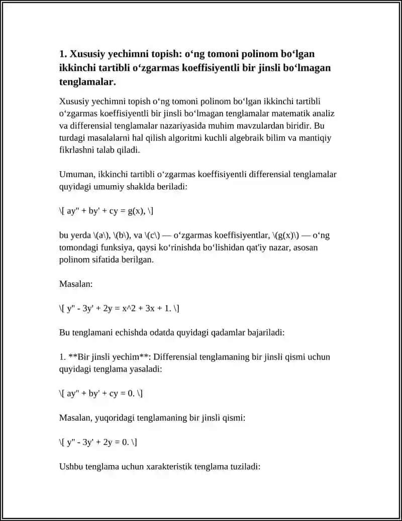 IKKINCHI TARTIBLI OʻZGARMAS KOEFFISIYENTLI BIR JINSLI BOʻLMAGAN DIFFERENSIAL TENGLAMALARNI HISOBLASHGA DOIR MASALALAR YECHISH 4