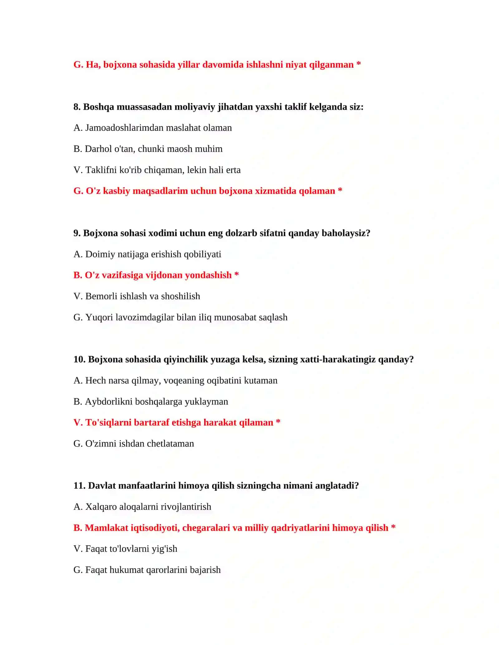 BOJXONA AKADEMIYASI SINOVI - PSIXOTEST SAVOLLARI 4