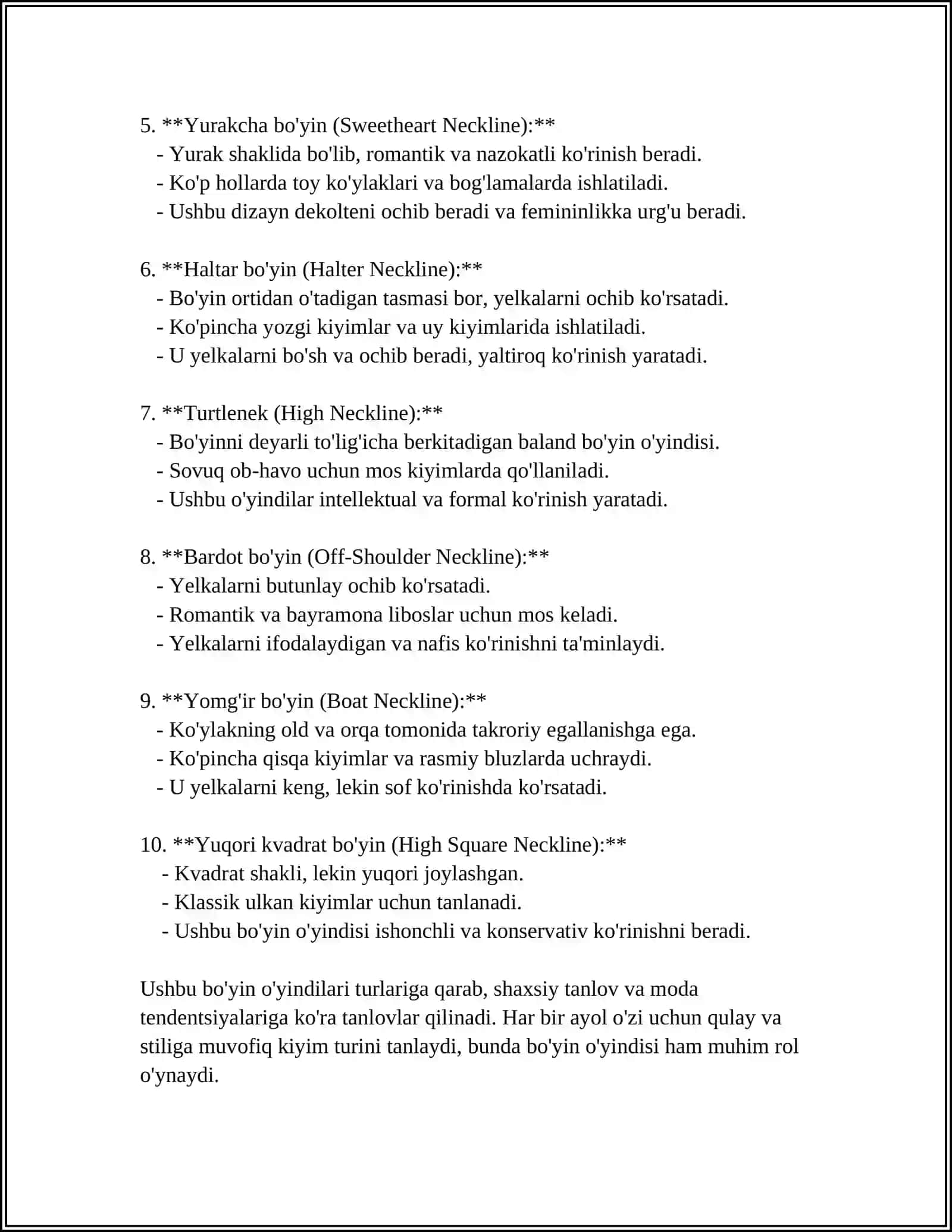AYOLLAR KIYIMLARINING BO'YIN O'YINDILARIGA ISHLOV BERISH NAMUNALARINI TAYYORLASH 4