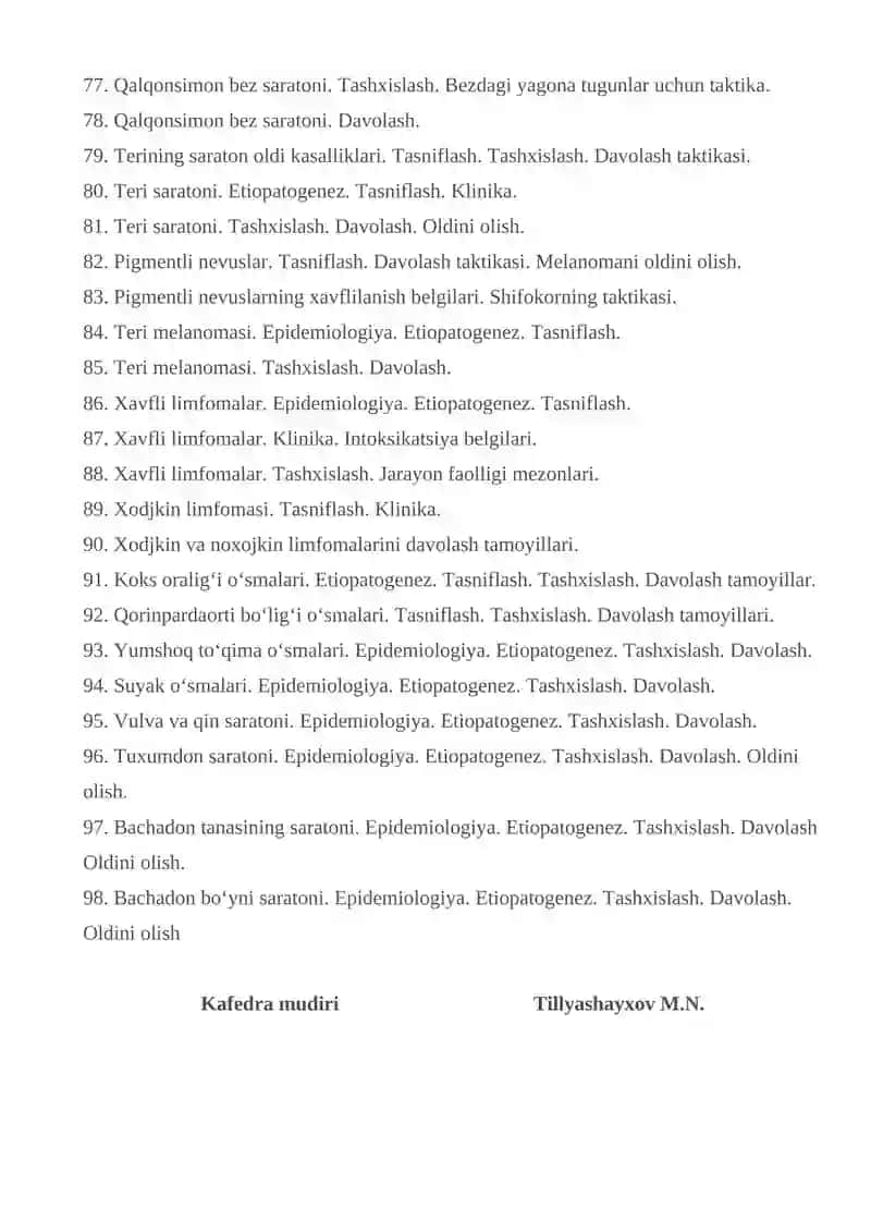 Onkologiya fanidan imtixon savollari 4