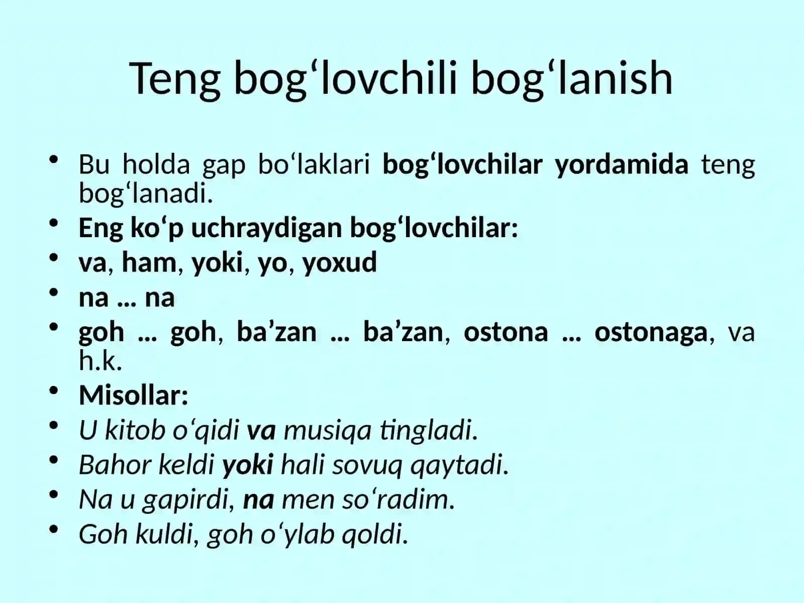 Sodda gaplarda teng bog`lanish 4