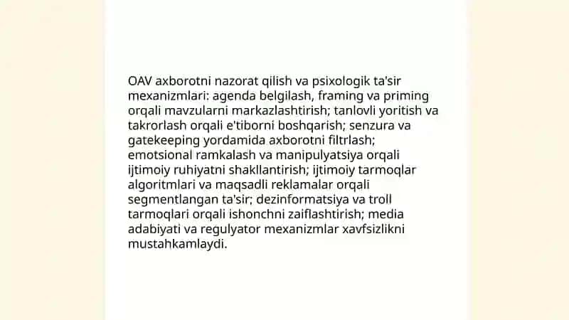 O'zbekiston ommaviy axborot vositalari mamlakat axborot-psixologik xavfsizligining omili 4