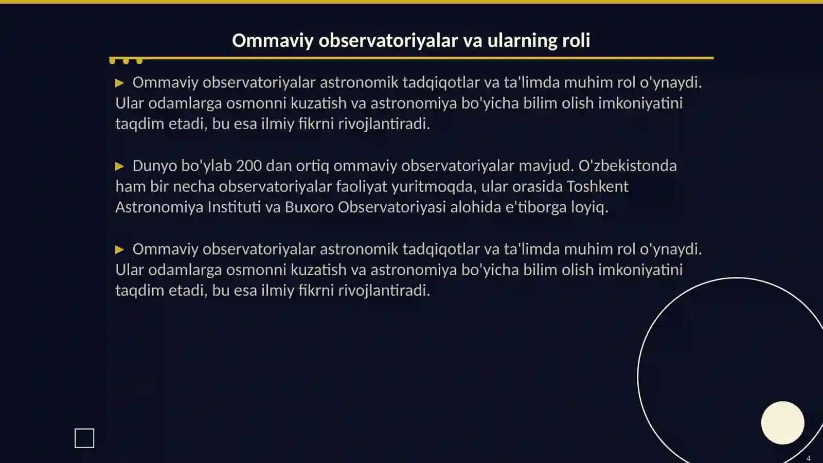 Planetariyalar va ommaviy observatoriyalarda astronomik toʻgaraklar va klublar. Astronomiya boʻylab sayohat 4