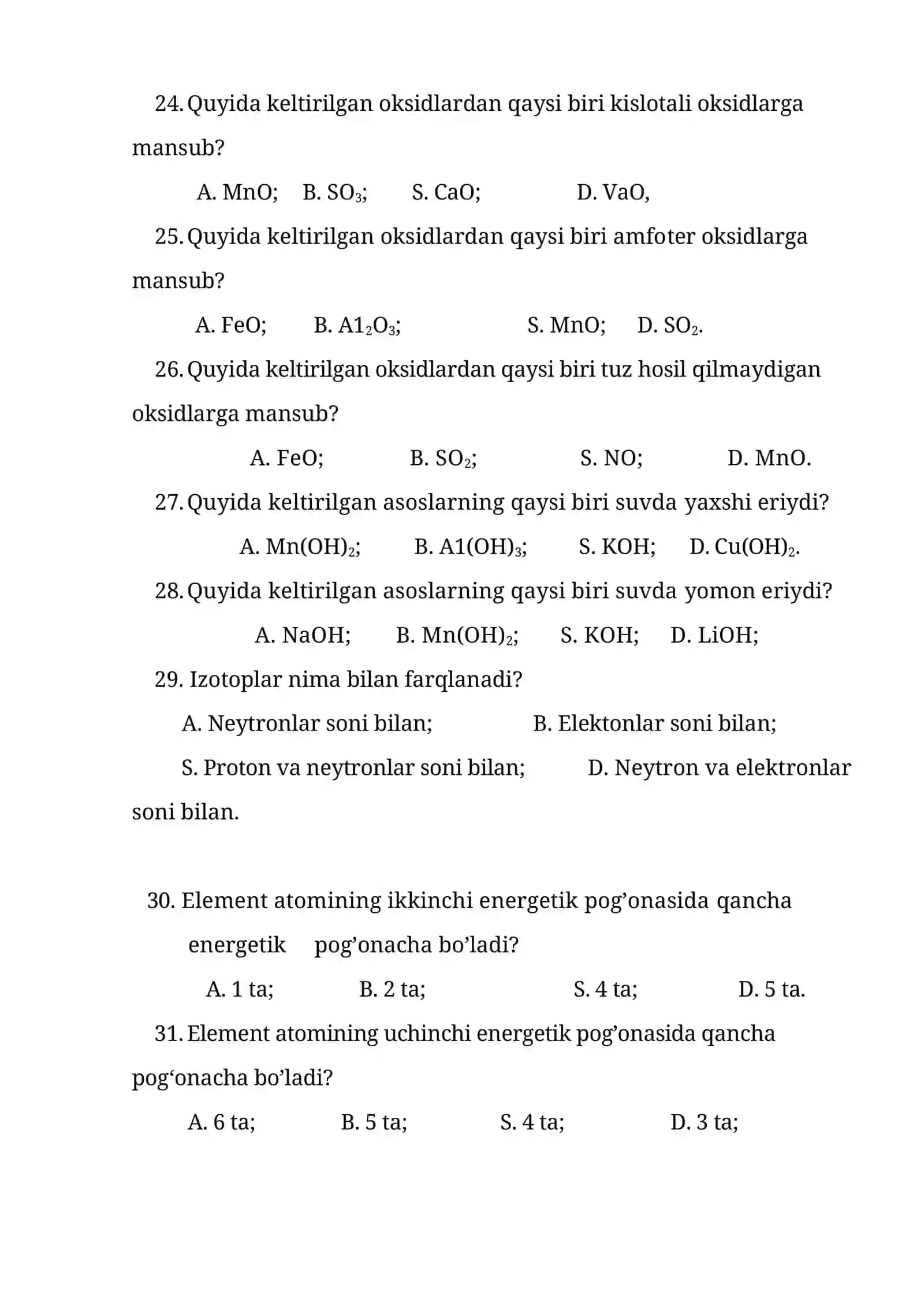 Kimyodan test savollari 4