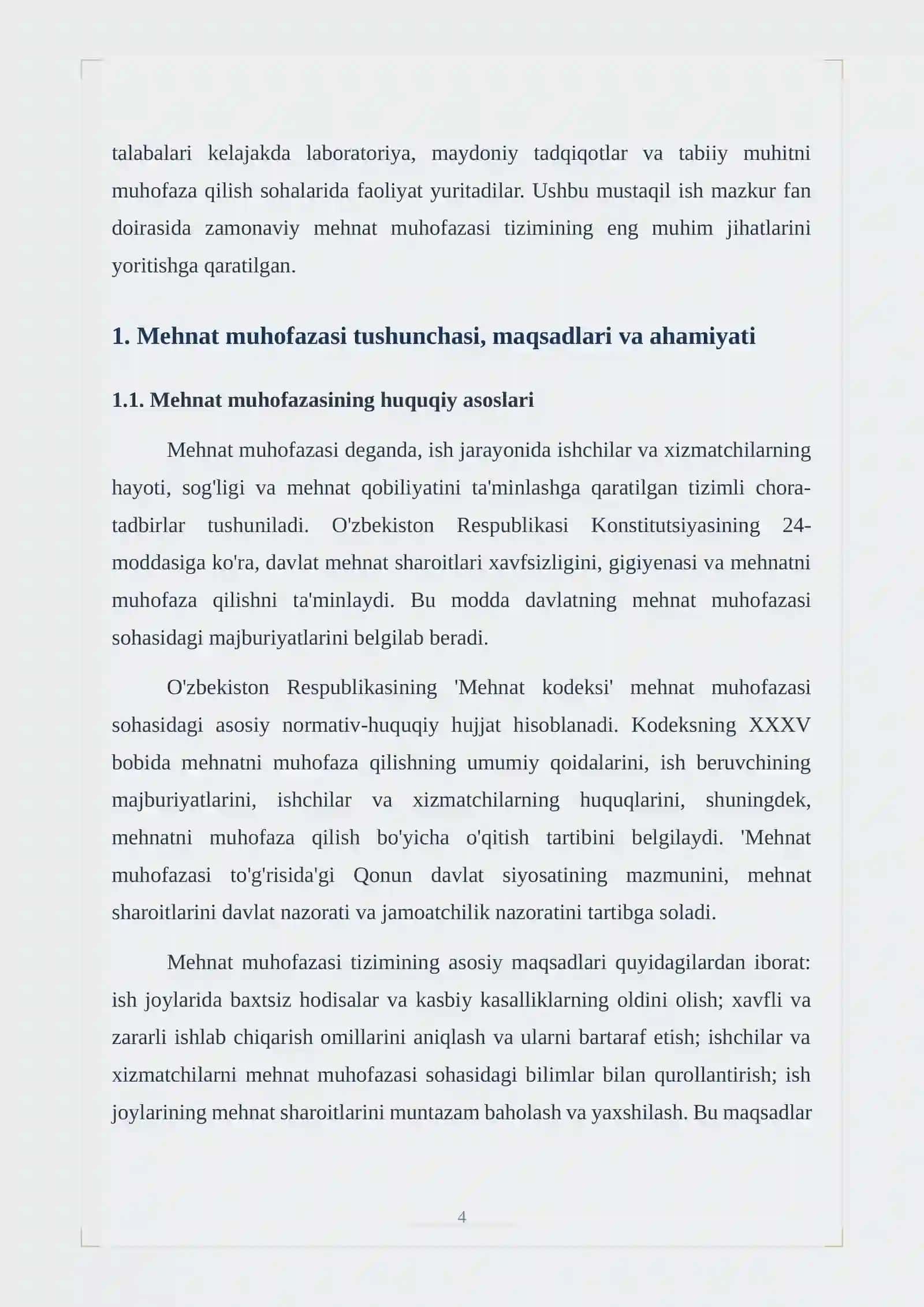 Mehnat muhofazasi qoidalari va talablariga o'qitish tizimi. Ish joylarini mehnat sharoitlari bo'yicha attestasiyadan o'tkazish tartibi 4