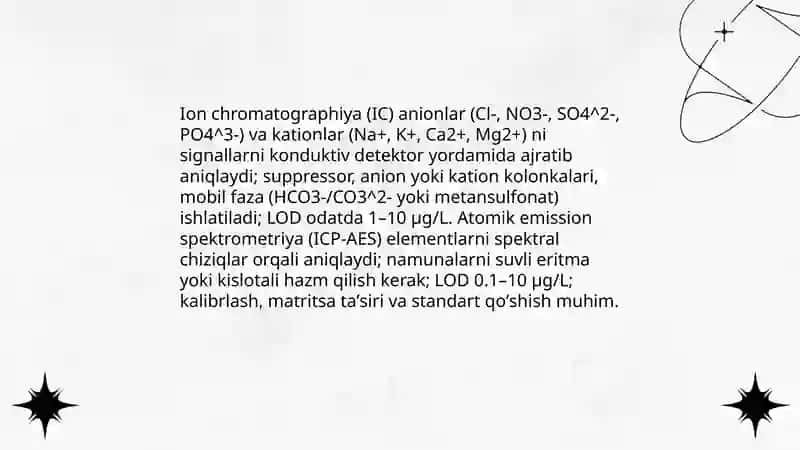 Tuproq va suvning ifloslanishida ion bogʻlanishli birikmalarni aniqlab, ulardan tozalash usulini ishlab chiqish 4