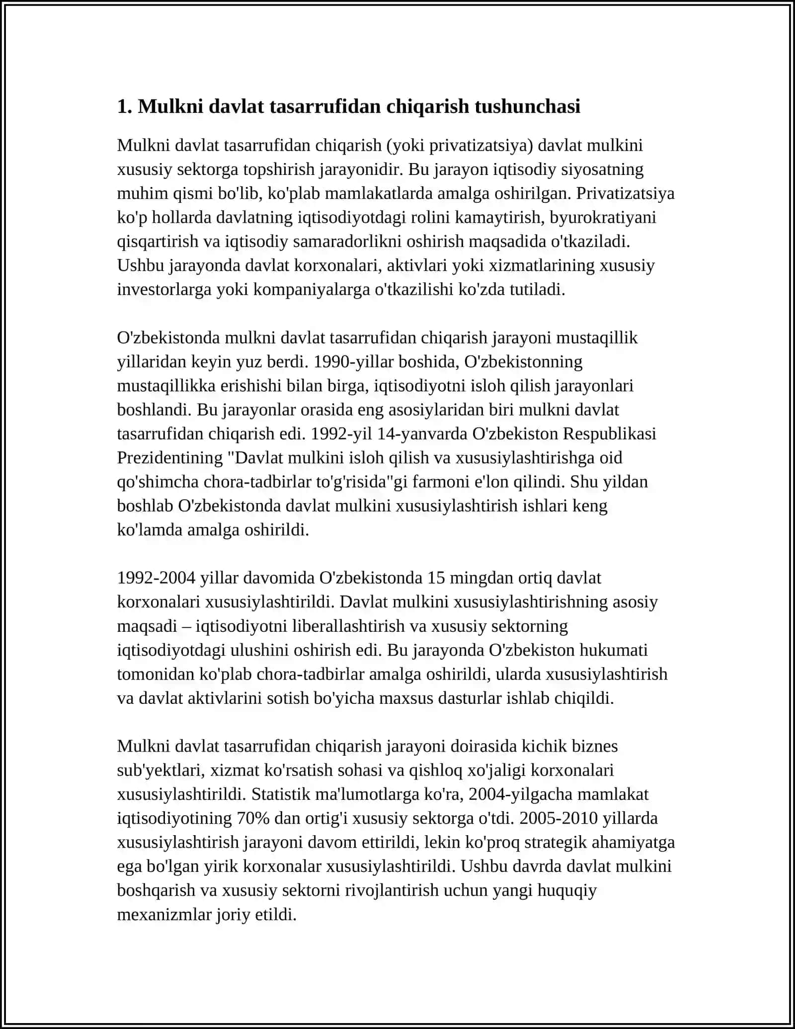 O’ZBEKISTON RESPUBLIKASIDA MULKNI DAVLAT TASARRUFIDAN CHIQARISH VA XUSUSIYLASHTIRISH MAQSADI, YO’LLARI VA USULLARI 4