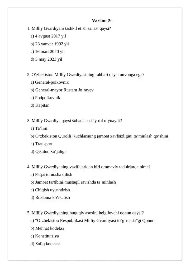 O‘zbekiston Respublikasi Milliy Gvardiyasi Test Variant 1 4